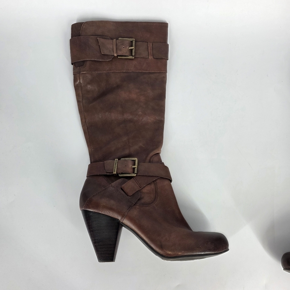 Arturo Chiang Leather Knee High Boots 8.5M Brown Block Heel Buckle Straps - Picture 9 of 9
